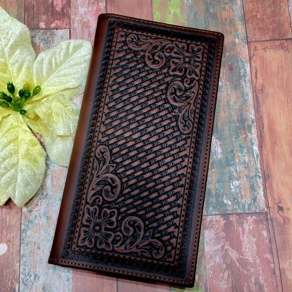 Montana West Real Leather Wallet Floral Tooled Bifold Basketweave design brown - Picture 1 of 7